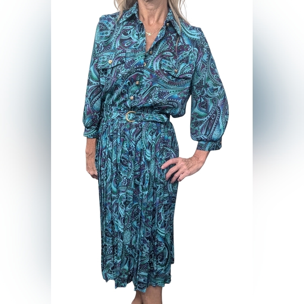 Vintage 90s Paisley Shirt Dress Belted Midi USA Made Size 6